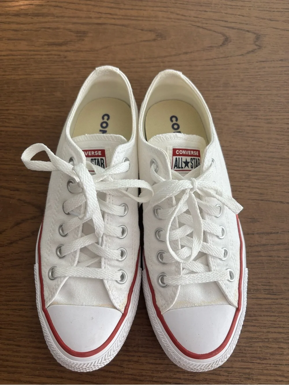 Converse White Low Top Sneakers with Red & Black Trim - Picture 2 of 6